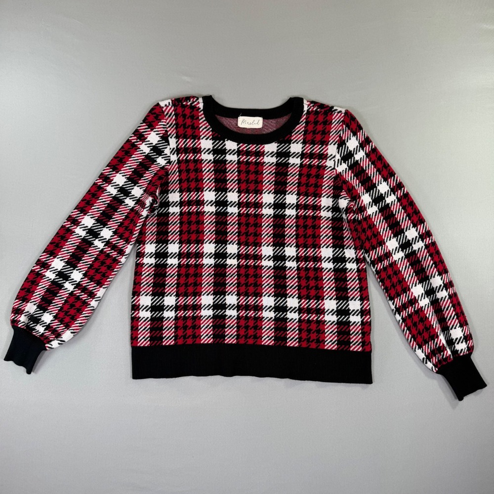 Plaid Sweater Womens Medium Red Black Dark Academia Preppy Holiday Mod Retro